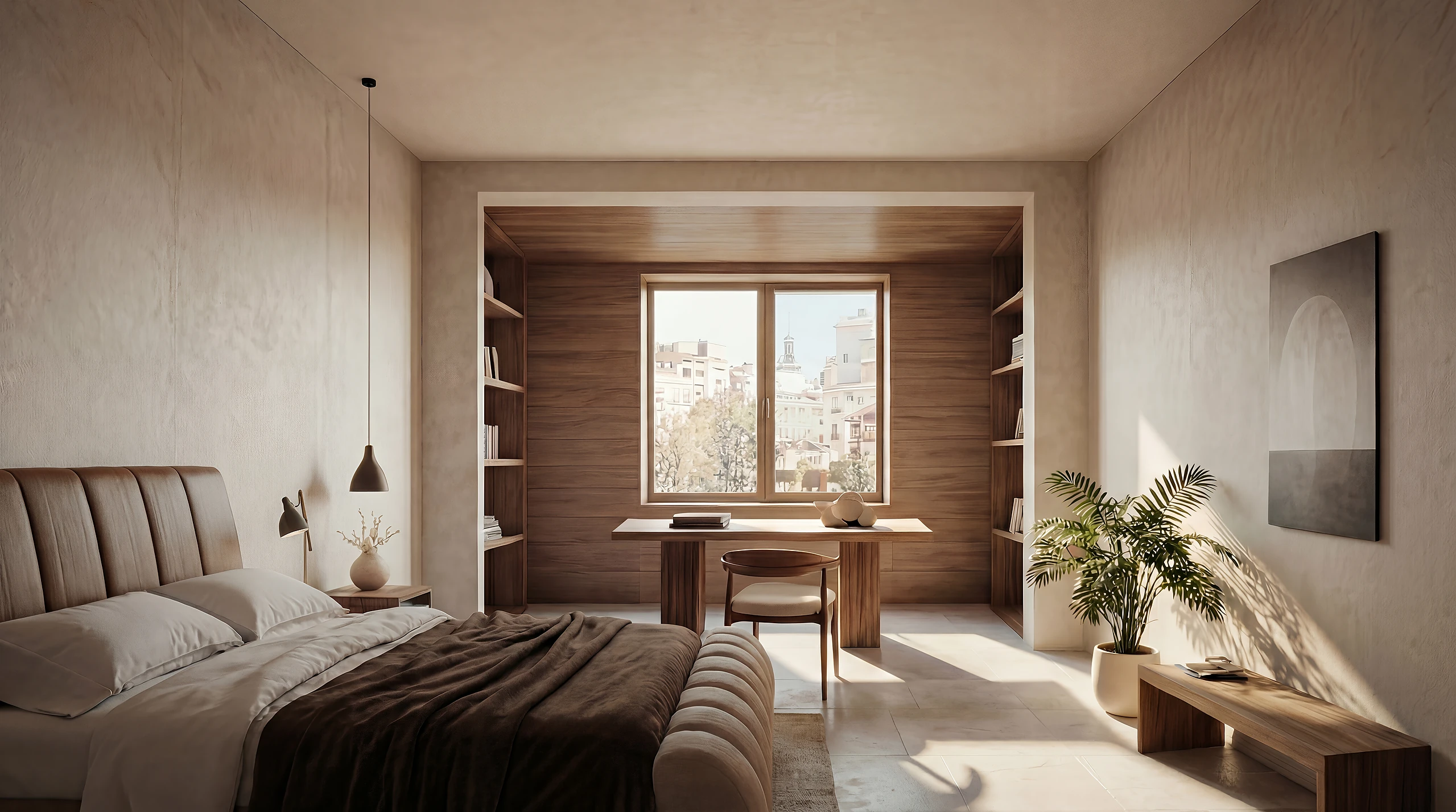 Bedroom in a soft, warm palette