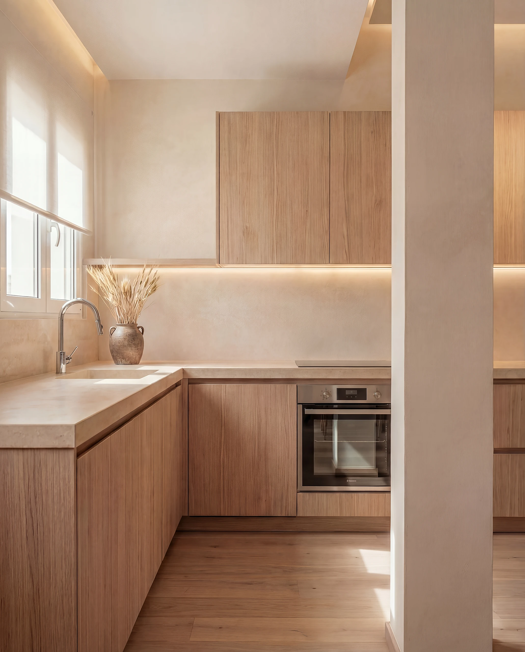 Oak kitchen with soft daylight